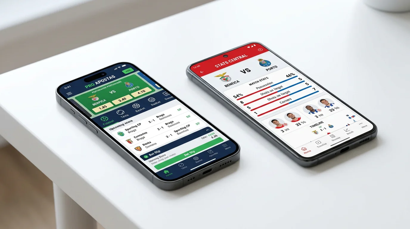 Dois smartphones lado a lado exibindo interfaces de aplicações de apostas sobre uma mesa