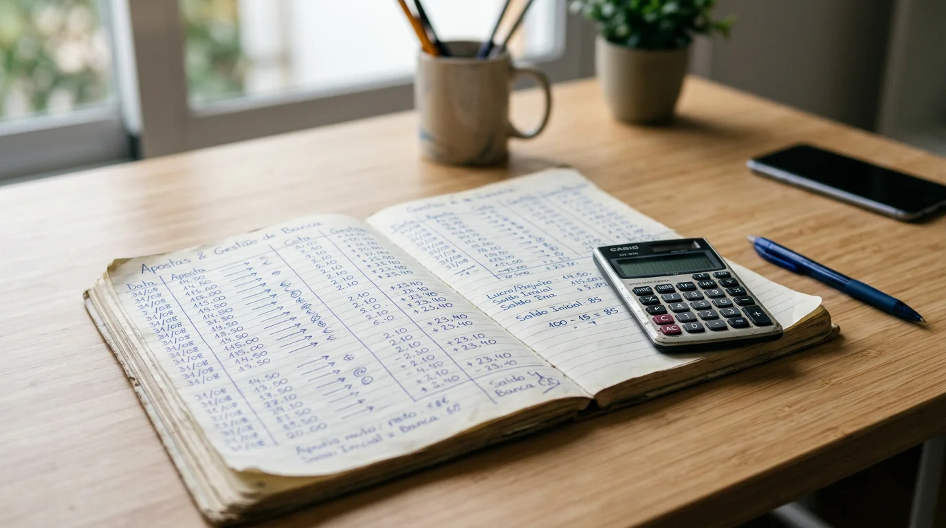 Caderno aberto com colunas de números escritos à mão ao lado de uma calculadora sobre uma secretária