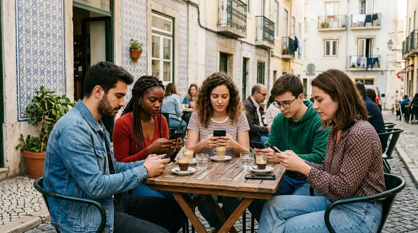 Grupo diverso de jovens adultos portugueses a olhar para os seus telemóveis num café
