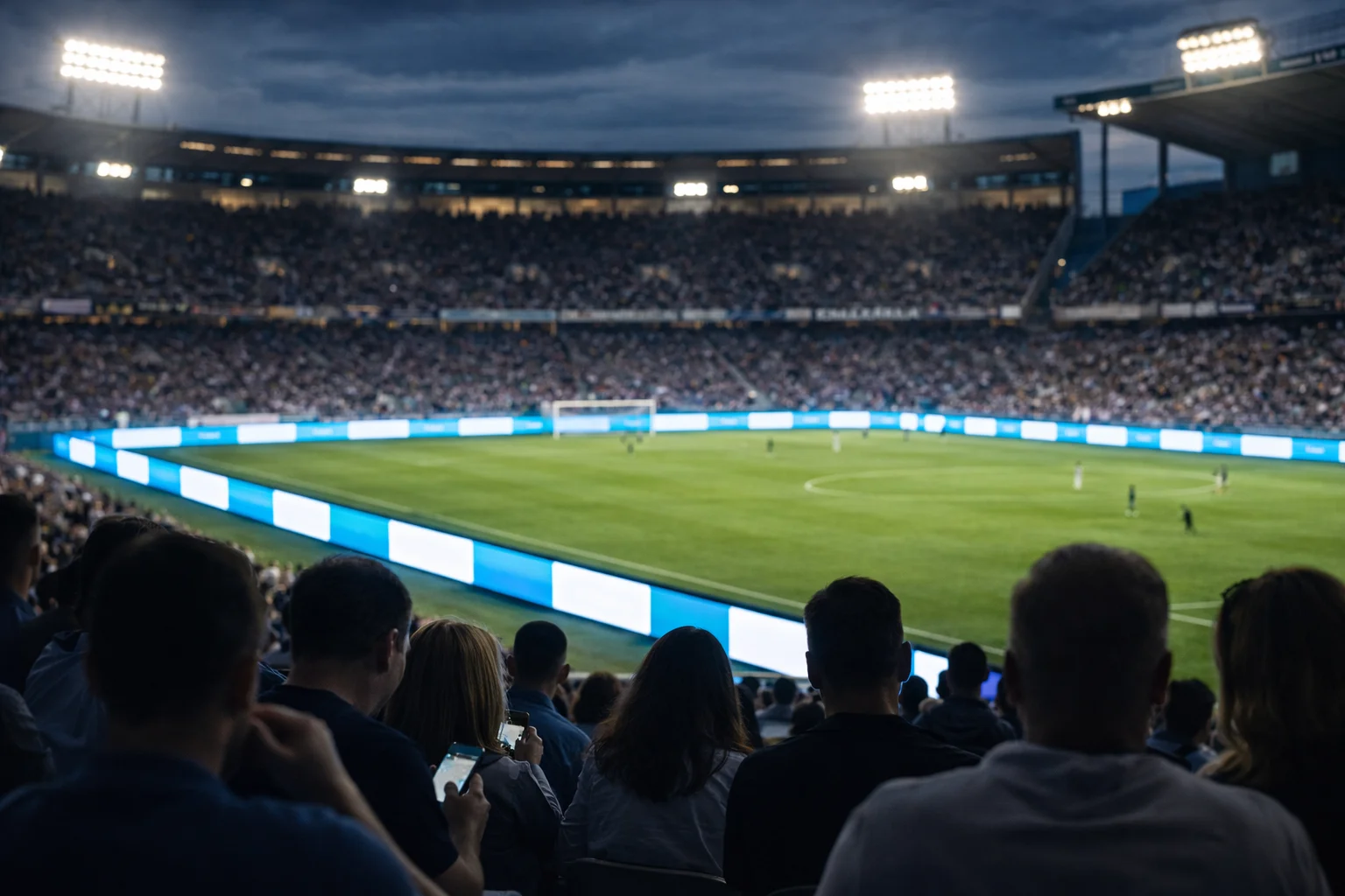 Bancada de estádio de futebol com painéis publicitários LED ao longo do campo